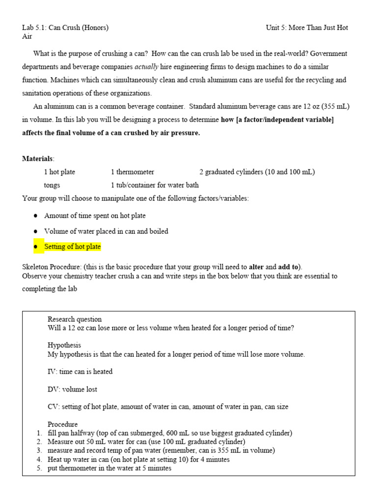 Copy of Lab 5.1 Can Crush (Honors) PDF Water Evidence