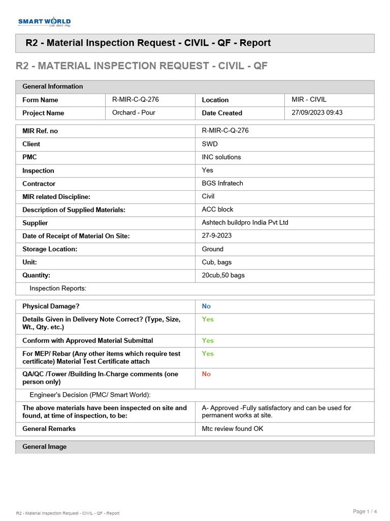 Material Inspection Request - CIVIL - QF - Report | PDF | Business