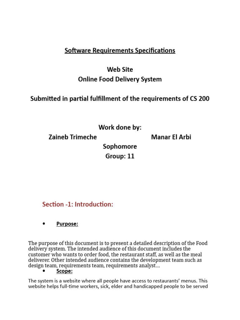 Food Delivery System Pdf Menu Credit Card