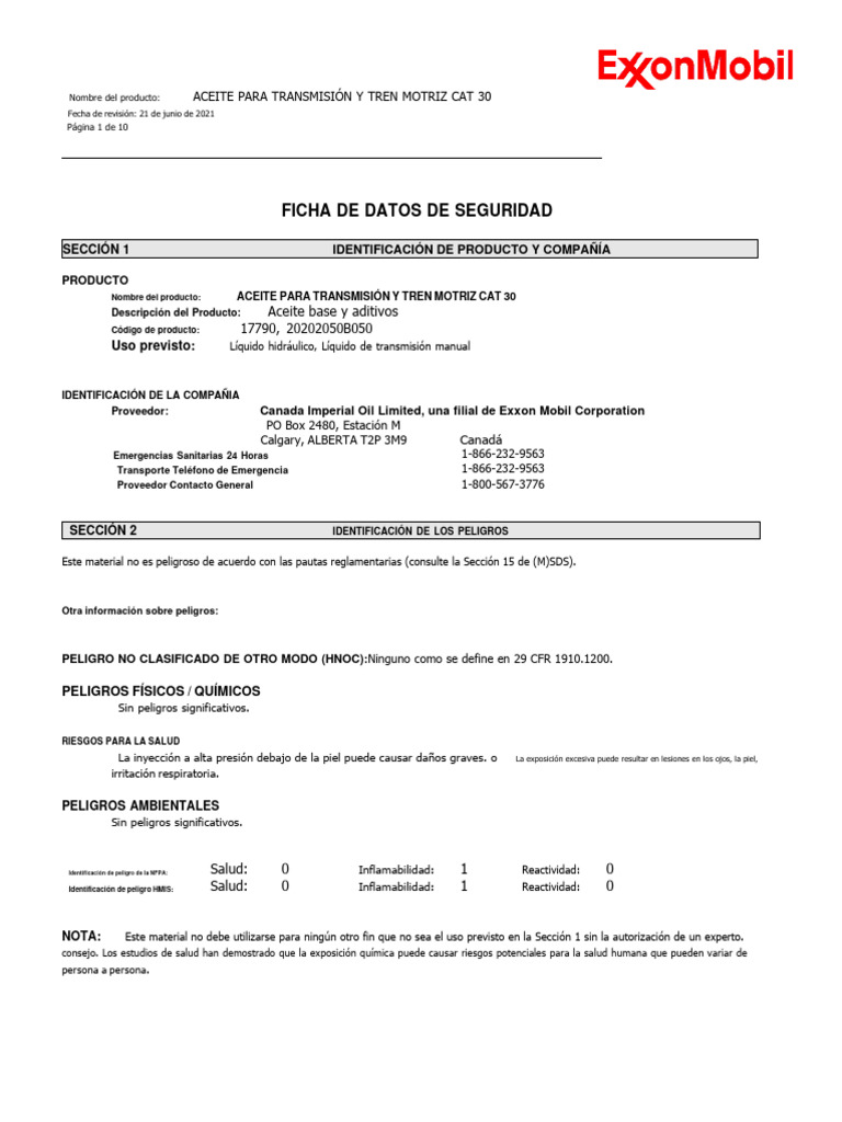 Exxon Mobil Cat Transmission and Drive Train Oil 30 PDF Ventilación