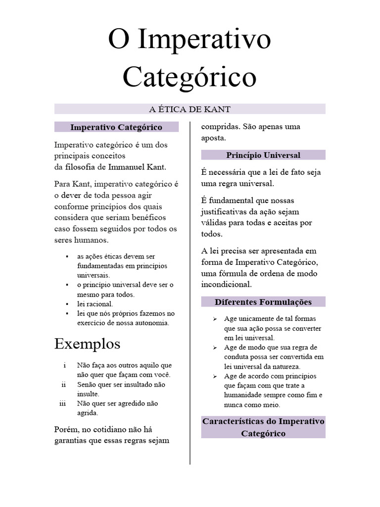 RESUMO IMPERATIVO CATEGÓRICO - Filosofia | PDF | Immanuel Kant ...