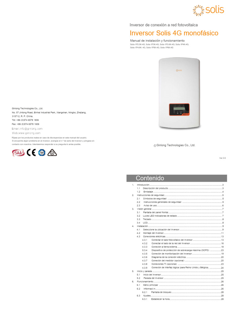 Solis Manual 2,5-6K 4G V2,6 ESP | PDF | Conector eléctrico | Ingenieria ...