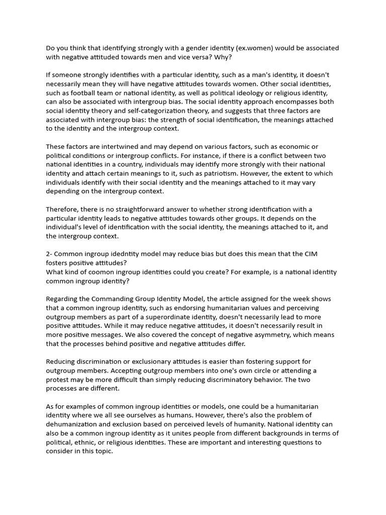 316 Discussion Questions PDF Identity (Social Science) Attitude