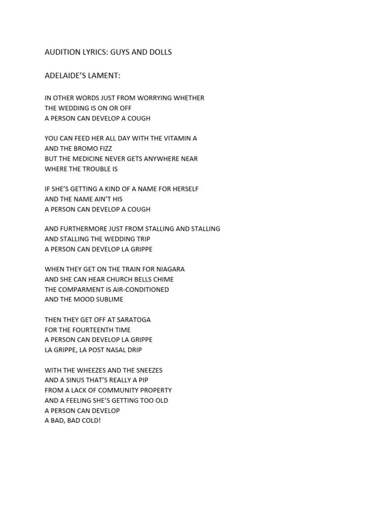 Adelaide's Lament Audition Lyrics 3 | PDF | Art