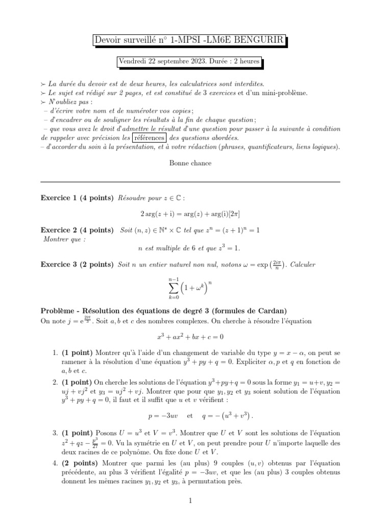 Devoir MPSI : Équations de degré 3 | PDF | Mathématiques appliqués ...