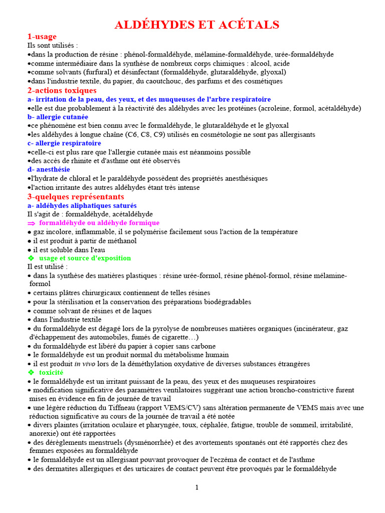Toxicité des Aldéhydes et Acétals | PDF | Méthanal | Aldéhyde