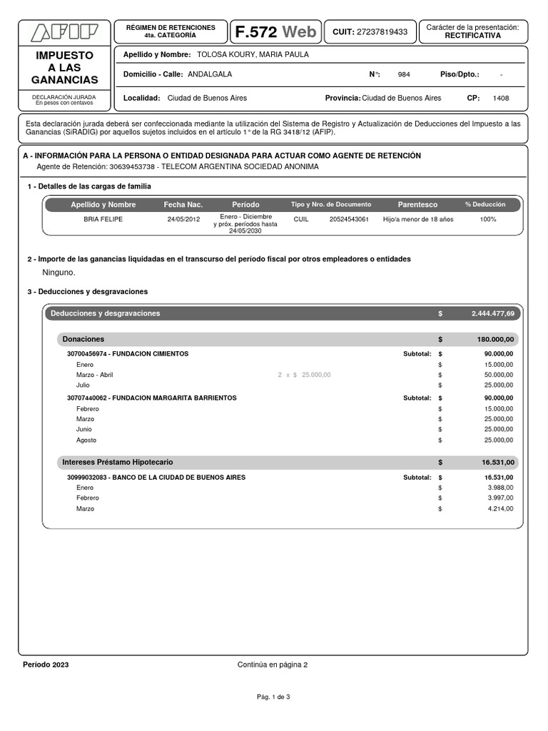 Declaración Jurada Impuesto Ganancias 2023 | PDF | Pagos | Finanzas del ...
