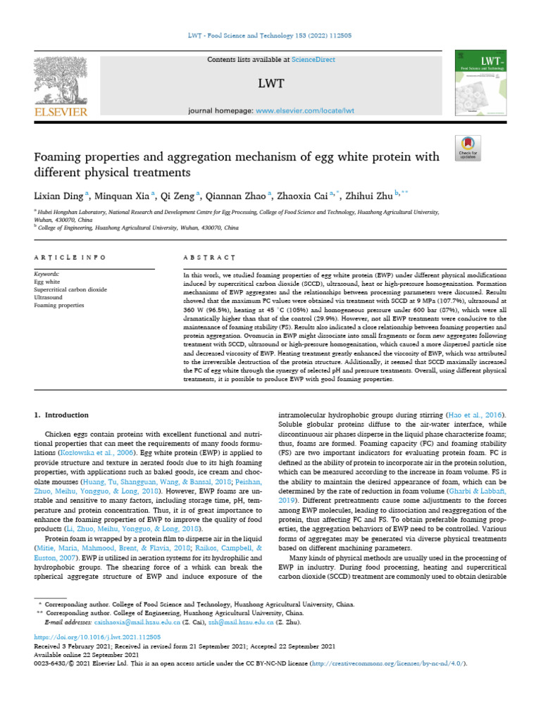 Foaming Properties and Aggregation Mechanism of Egg White | PDF | Foam ...