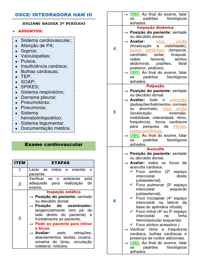 Exame Cardiovascular: Procedimentos OSCE | PDF | Pneumonia | Coração