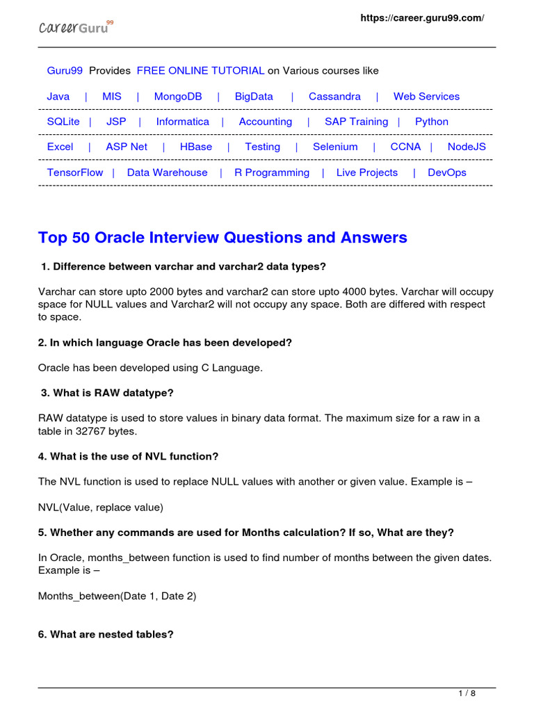 Top 50 Oracle Interview Questions and Answers | PDF