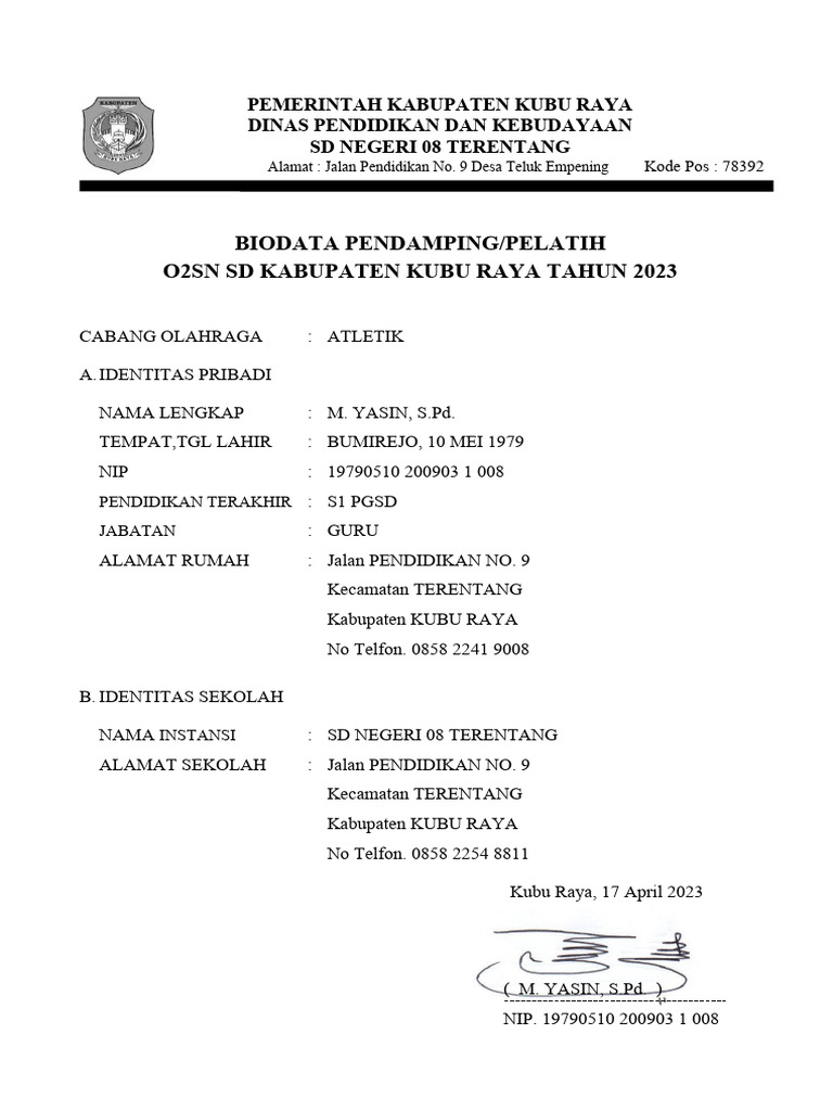 Biodata Pelatih O2SN dan FLS2N 2023 | PDF