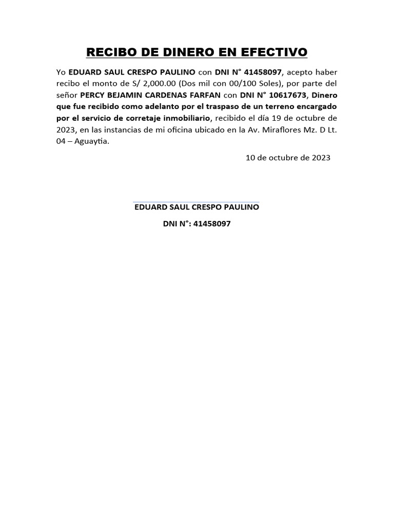 Recibo de Dinero en Efectivo | PDF
