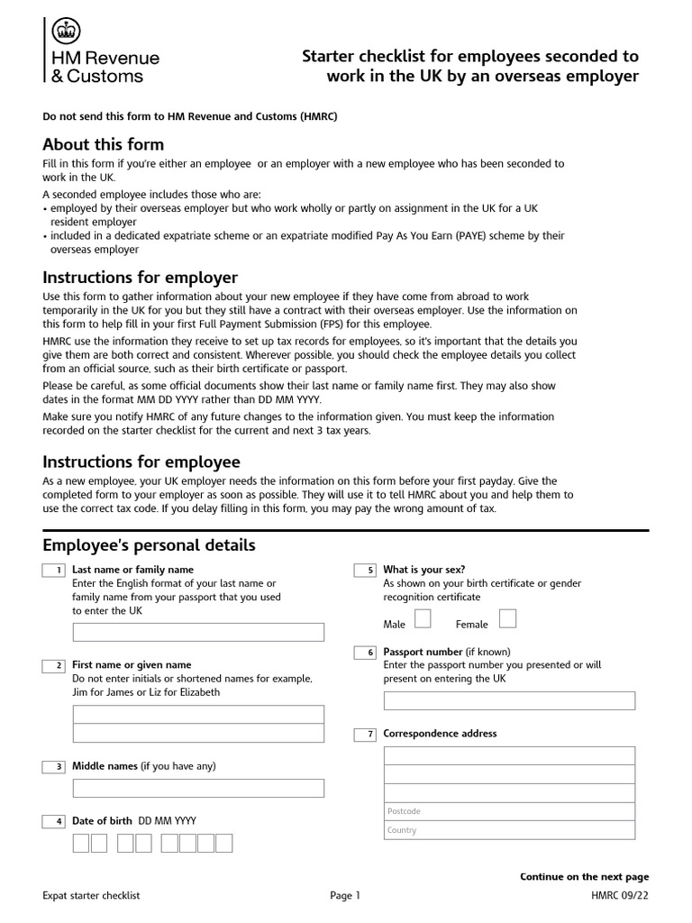 UK Expat Employee Starter Checklist | PDF | Loans | Employment