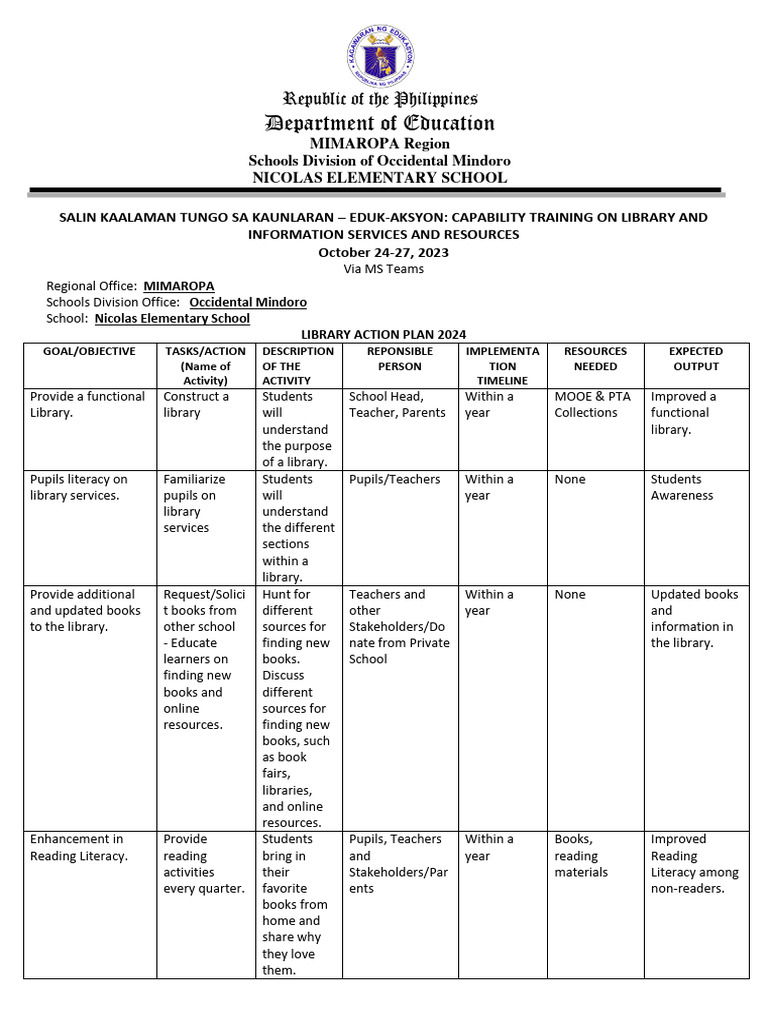 Library Action Plan PDF Libraries Teachers