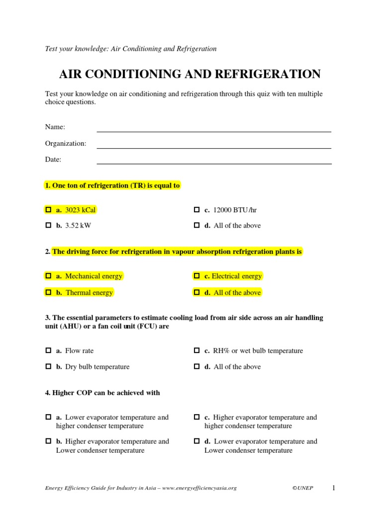 Quiz Air Conditioning and Refrigeration
