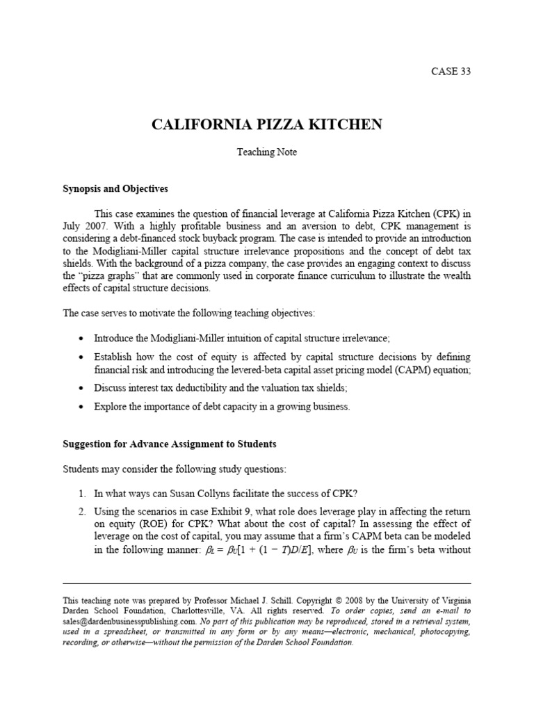 TN33 California Pizza Kitchen PDF Capital Structure Cost Of Capital