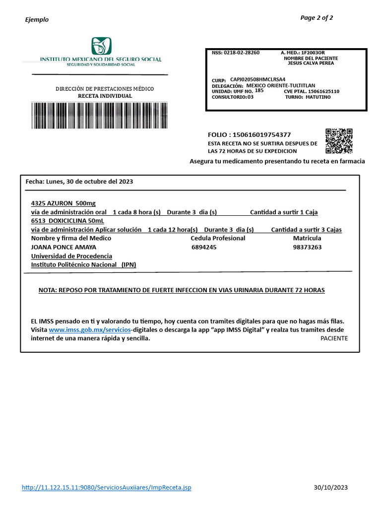 Dosis de Azuron en receta médica IMSS | PDF