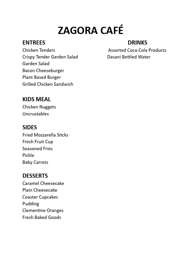 Zagora Café Menu: Entrees, Drinks & Desserts | PDF