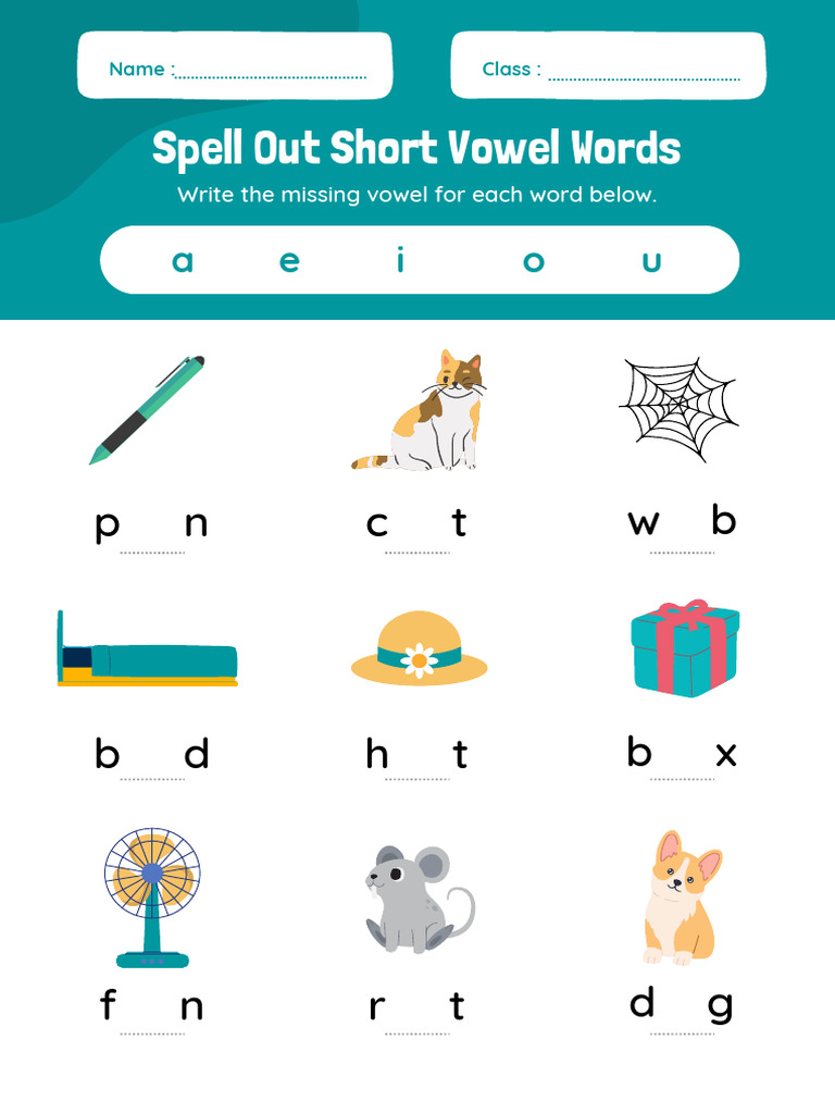 Green Colorful Illustration Write the Missing Vowel Worksheet | PDF