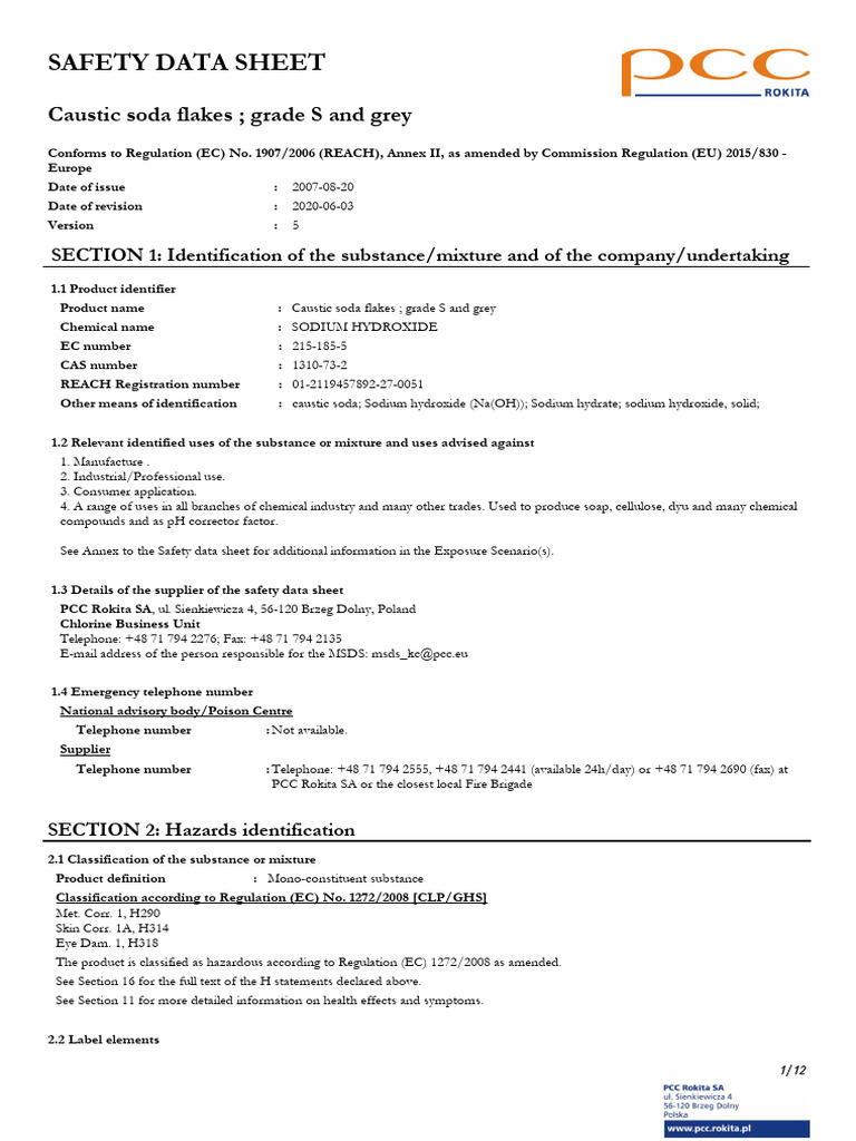 Msds Caustic Soda Flakes CSF Original2020 PDF Dangerous Goods