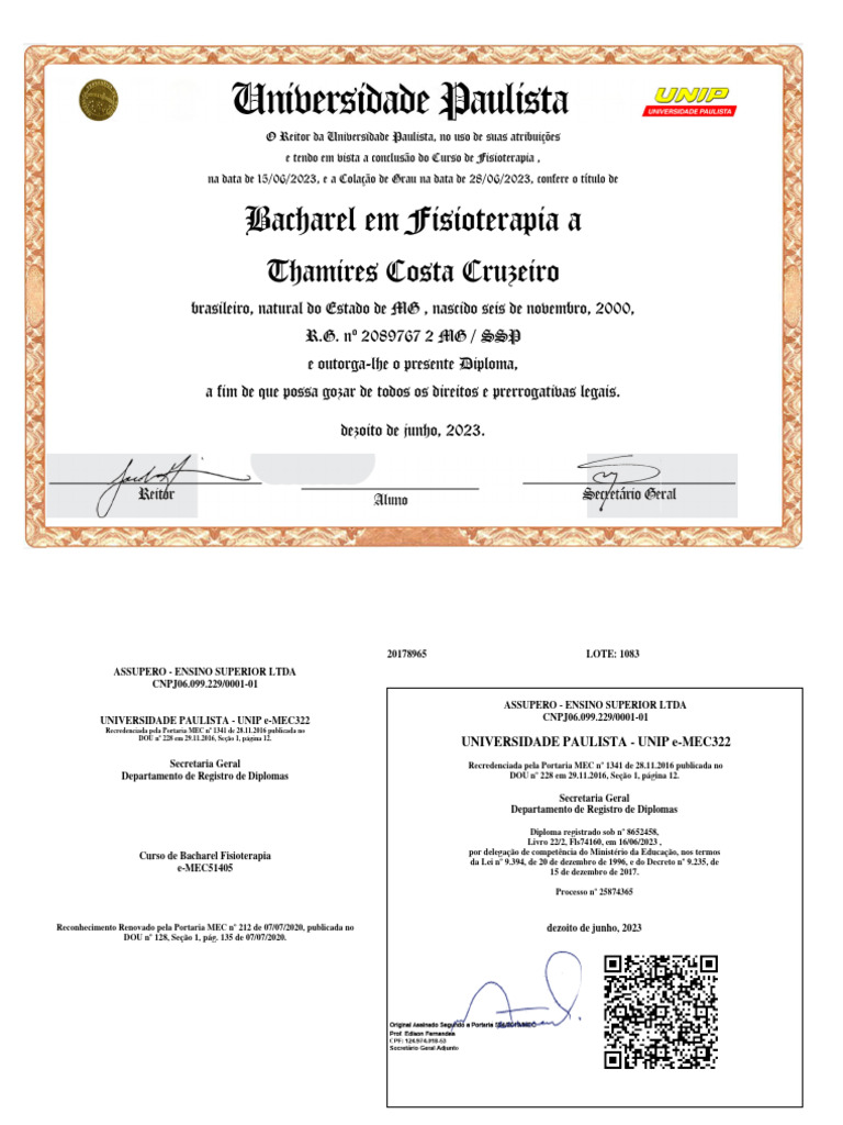 Diploma - Fisioterapia - Thamires Costa Cruzeiro | PDF | Diploma de bacharel, image size:768x1024