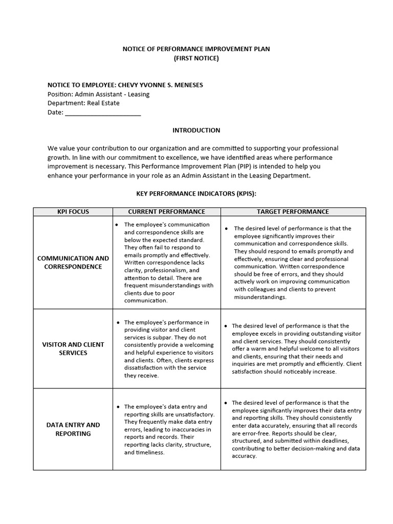 NOTICE OF PERFORMANCE IMPROVEMENT PLAN - Meneses | PDF | Performance ...