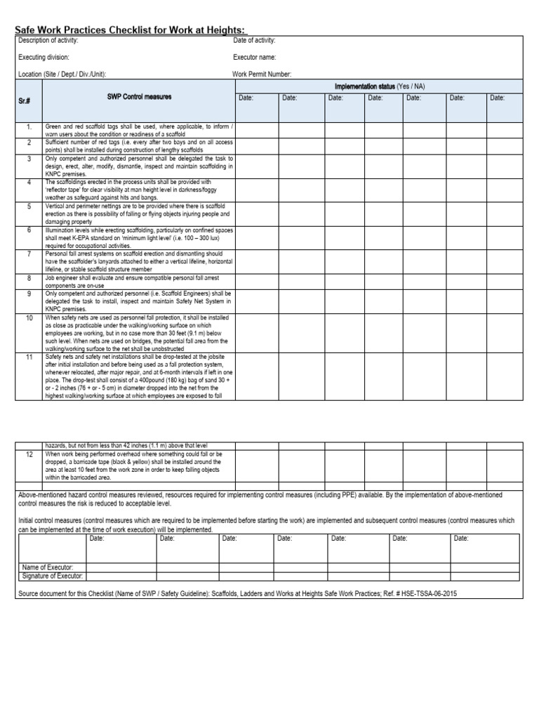 SWP CHECKLISTS - Works at Heights | Download Free PDF | Scaffolding ...