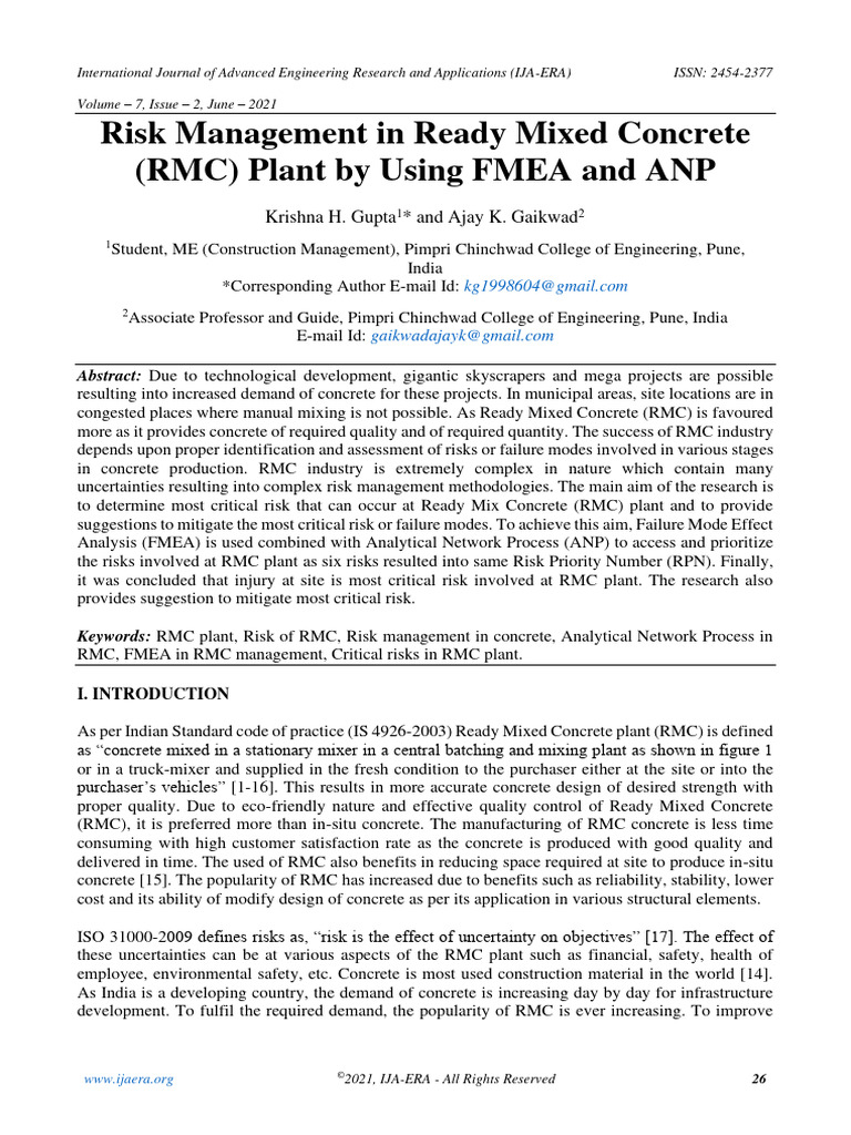 Risk Management in Ready Mixed Concrete RMC Plant PDF Risk Systems Science
