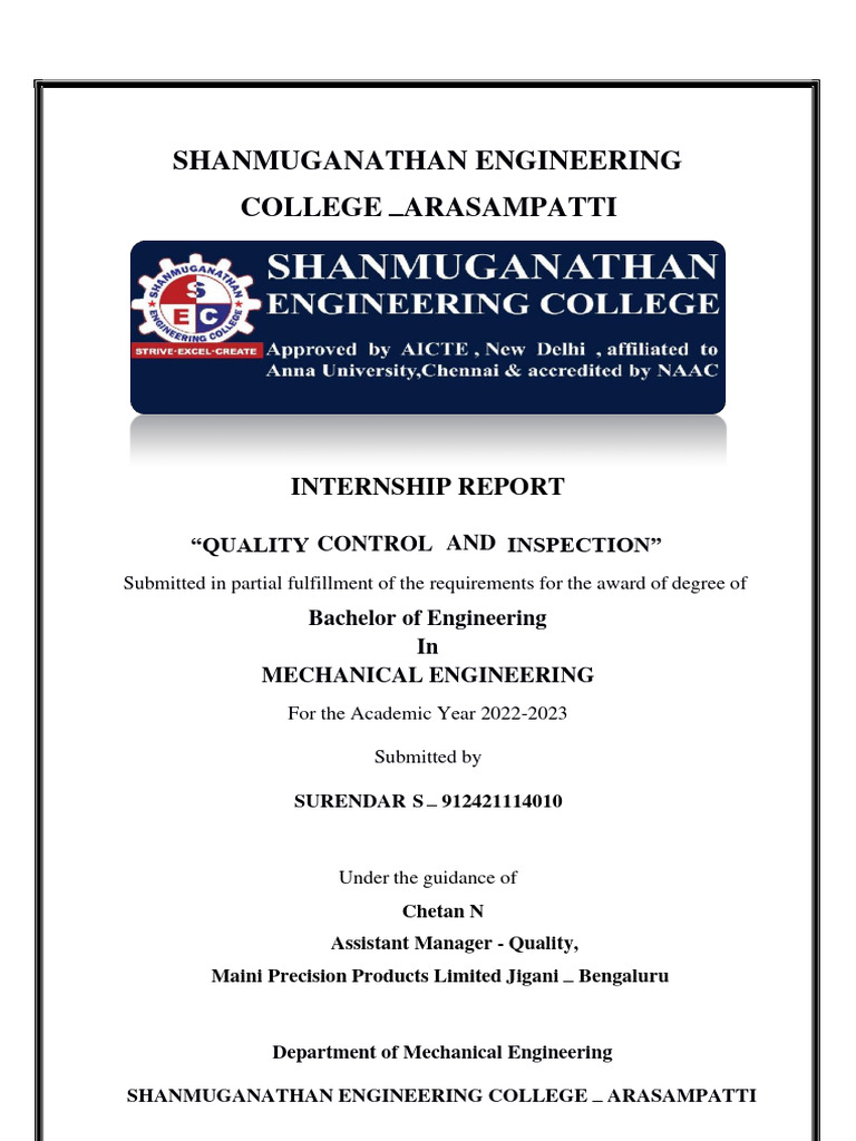 Quality Control Internship Report | PDF | Lean Manufacturing | Engineering