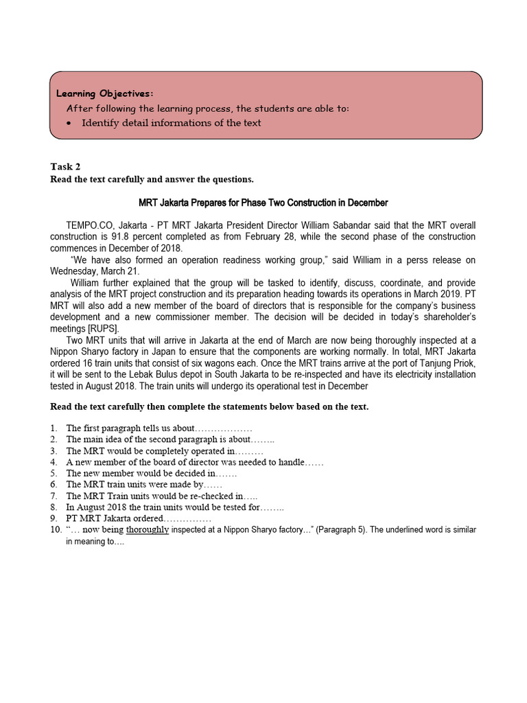 Student Reading Comprehension Tasks | PDF