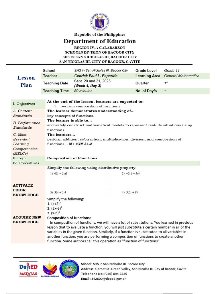 Grade 11 Lesson Plan: Functions Composition | PDF | Learning ...