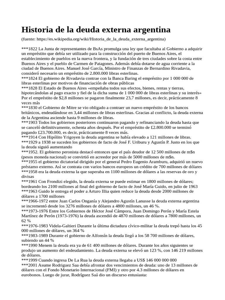 Resúmen Historia de La Deuda Externa Argentina | PDF | Argentina ...
