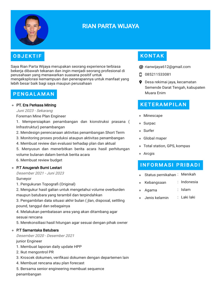 Profil Rian Parta Wijaya: Engineer Tambang | PDF