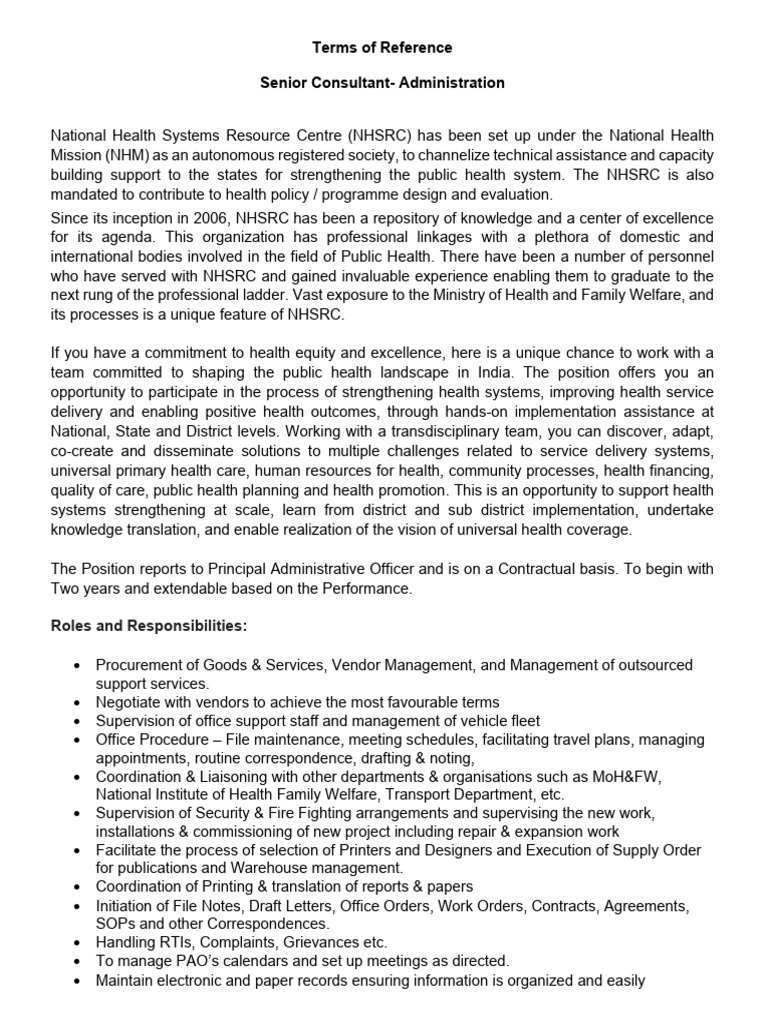 Senior Consultant for NHSRC Administration | PDF | Health System ...