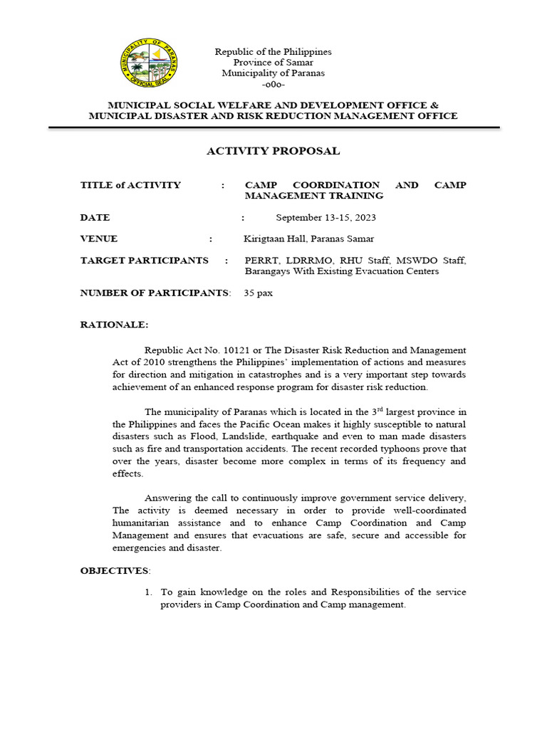 Camp Coordination Training Proposal | PDF | Disaster Risk Reduction ...