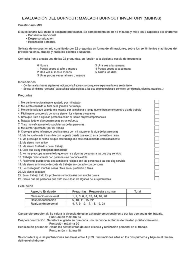 Cuestionario MBI para Evaluar Burnout | PDF | Burnout ocupacional ...