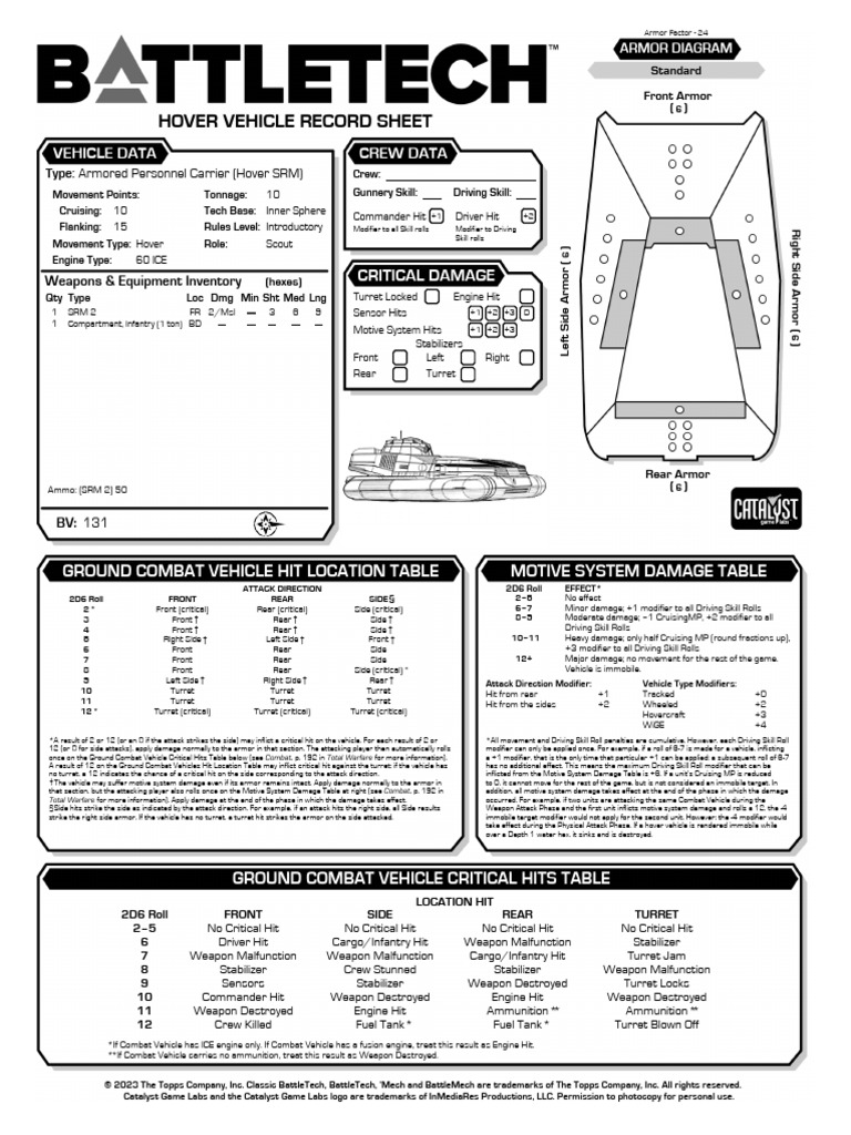 Battletech Hover SRM Carrier Overview | PDF | Tanks | Battle Tech