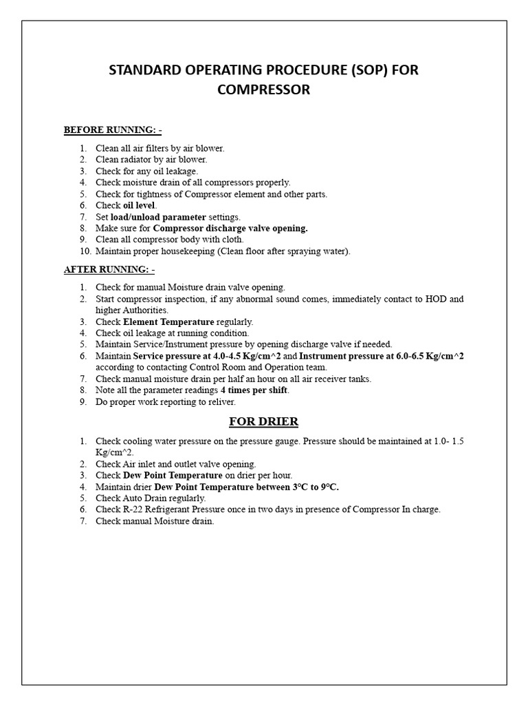 STANDARD OPERATING PROCEDURE For Compressor | PDF