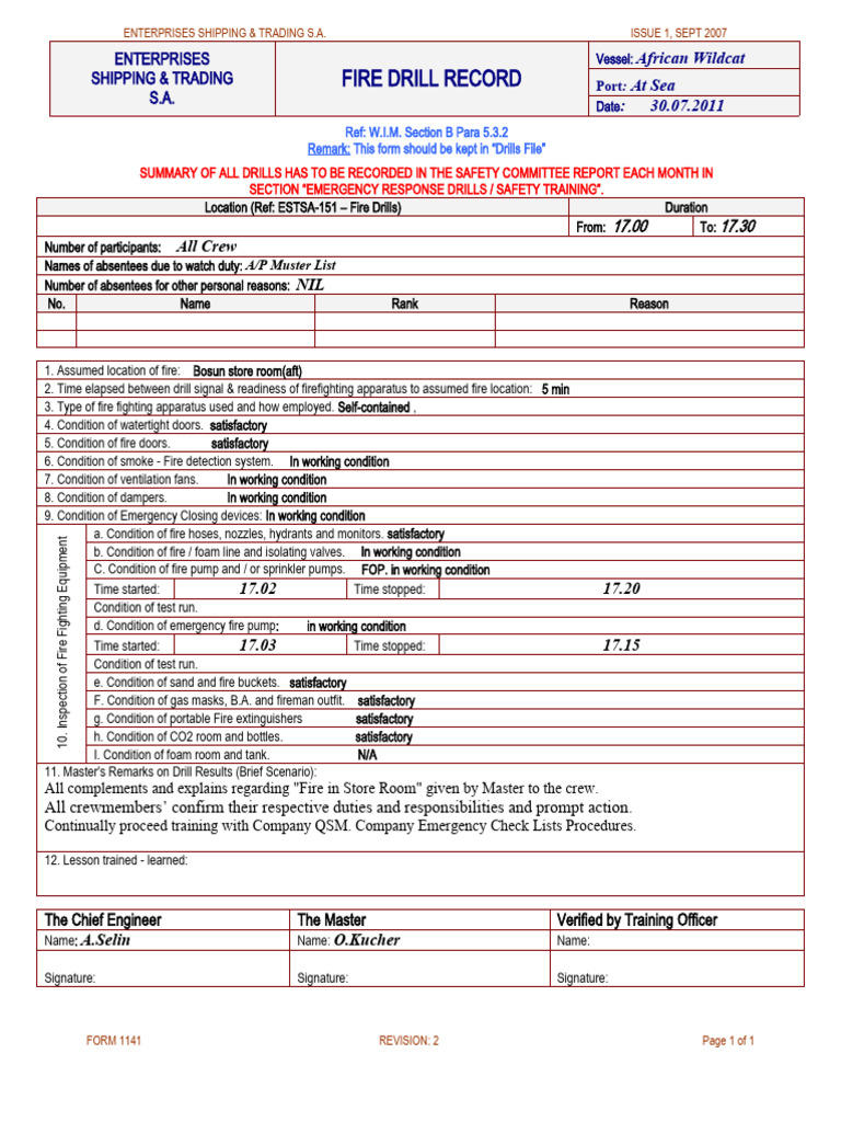 FORM NO 1141 2011-07-30 Fire Drill Store Room | PDF | Firefighting | Fires