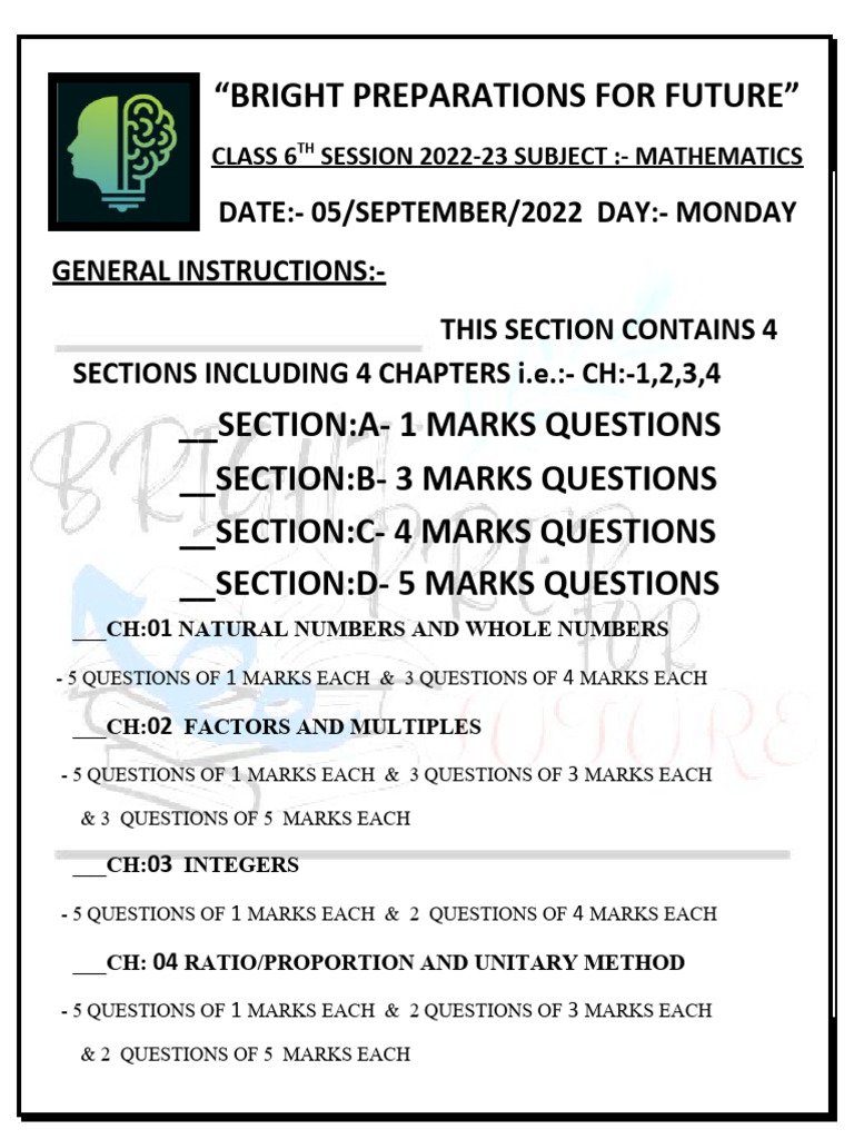 Class 6TH Session 2022-23 Maths 80 Marks Test | PDF | Prime Number ...