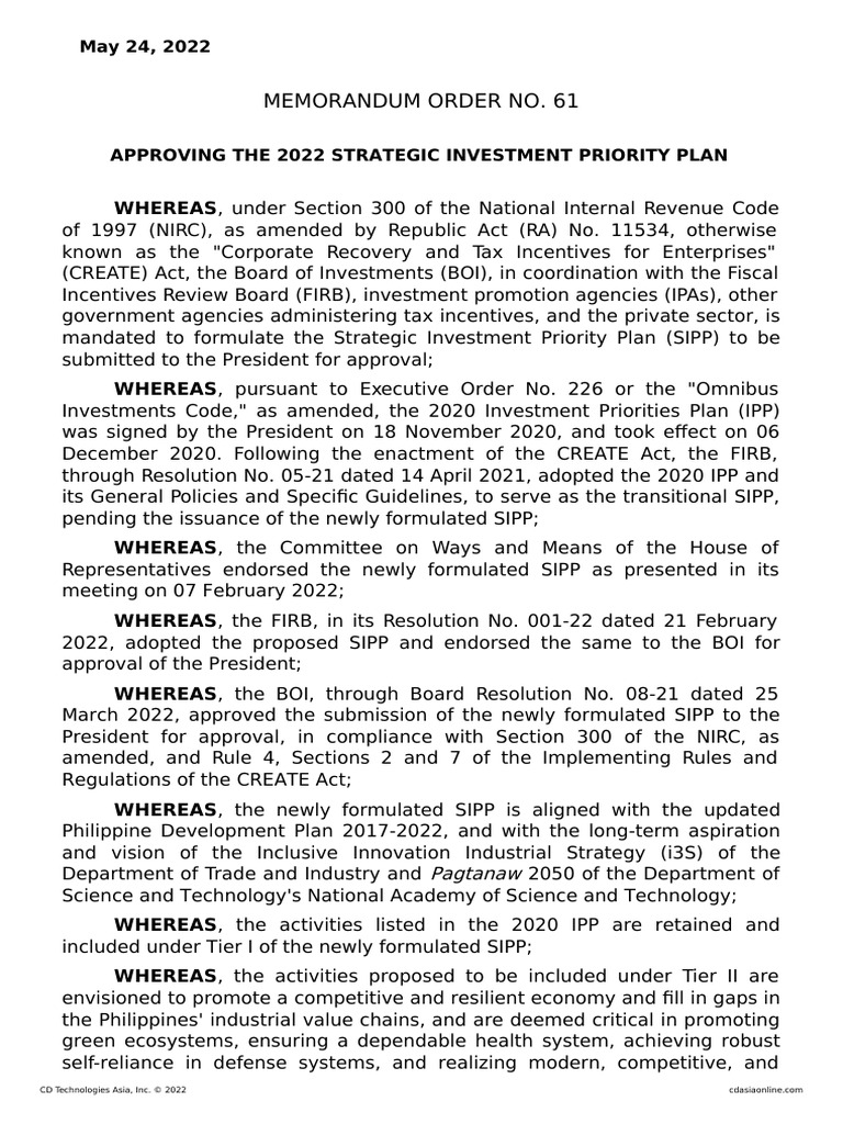 Approving The 2022 Strategic Investment Priority Plan PDF