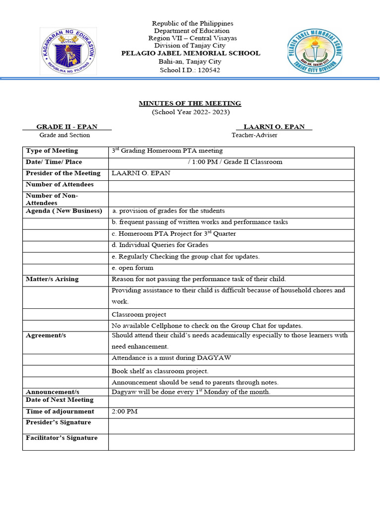 3rd Grading PTA Meeting Minutes | PDF | Learning