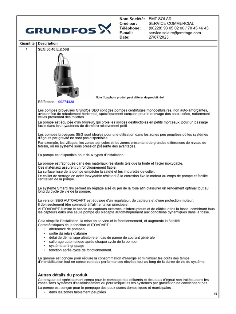 Pompe broyeuse SEG AUTOADAPT Grundfos | PDF | Pompe | Eaux usées