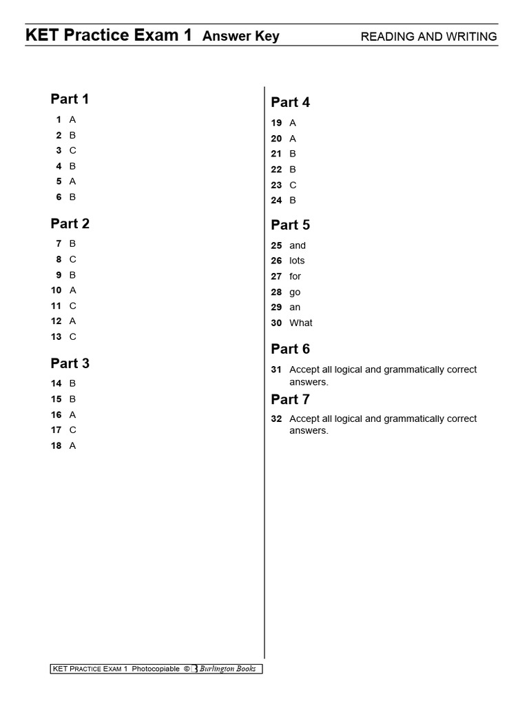 KET Practice Exam 1 Answer Key | PDF