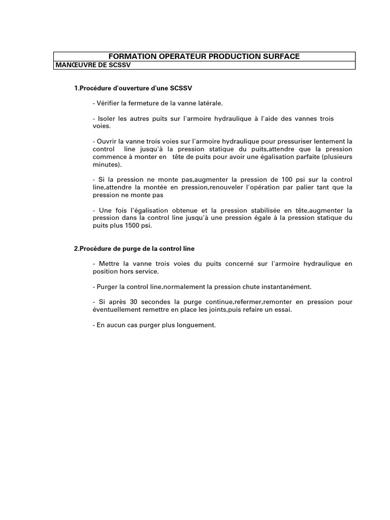 Formation SCSSV : Procédures d'Opération | PDF