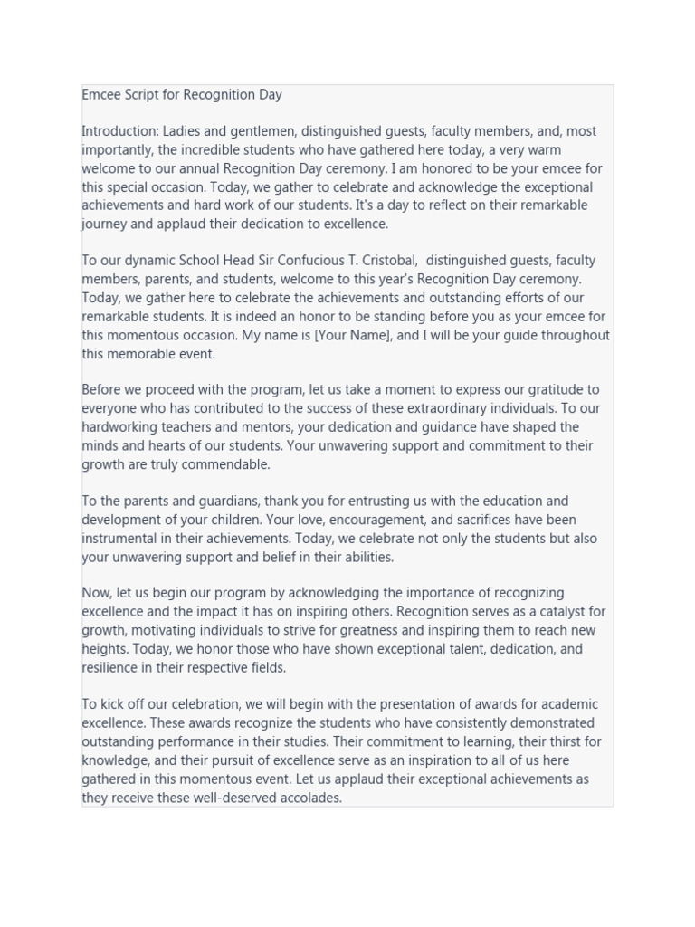 Emcee Script For Recognition Day | PDF | Psychological Resilience ...