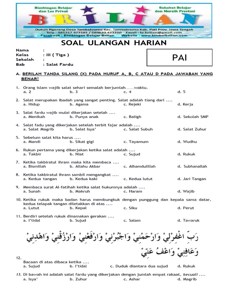 Contoh Soal PAI Kelas 3 SD Pilihan Ganda dan Esai