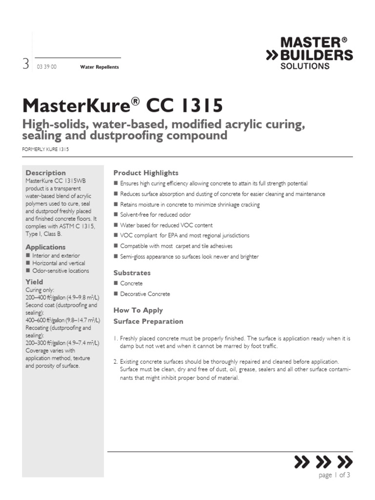 Masterkure CC 1315 WB Tds | PDF | Concrete | Acrylic Paint