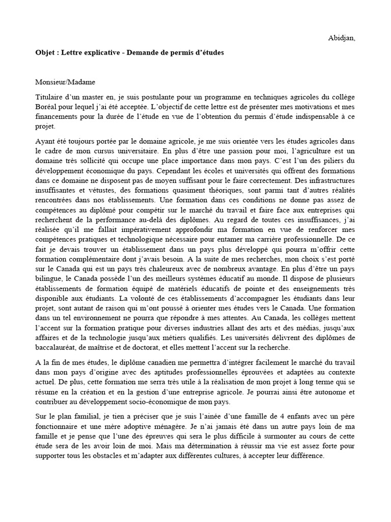 Lettre explicative pour permis d'études | PDF