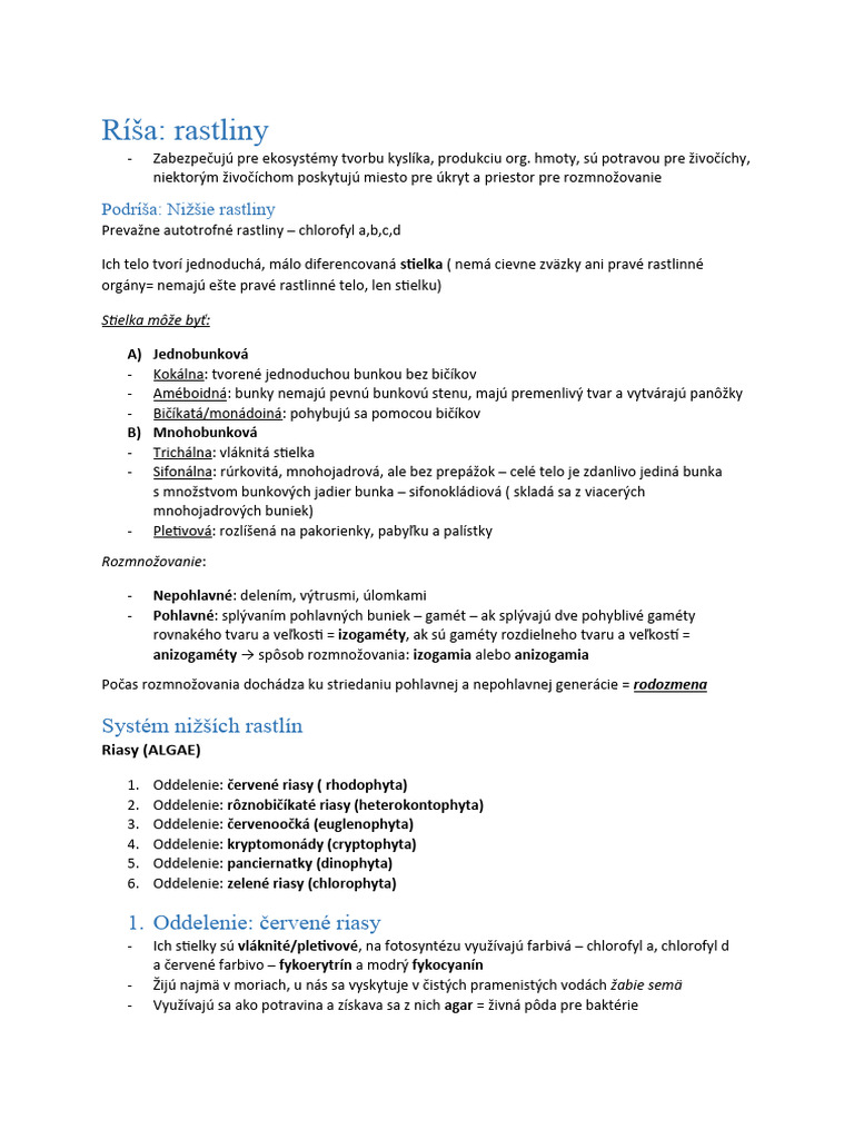 Systém Nižšich Rastlín - Riasy | PDF
